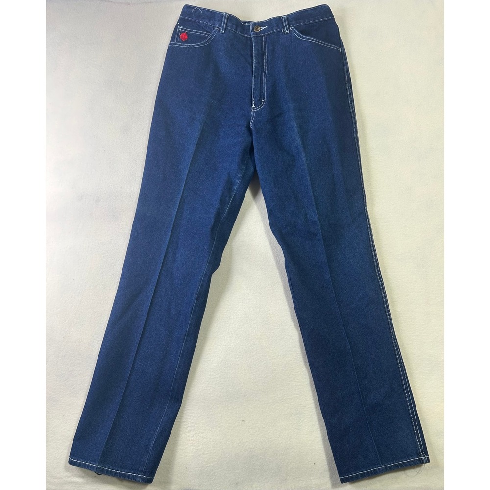 Vintage Rose Embroidered Dark Wash High Rise Straight Leg Jeans White Stitching‎